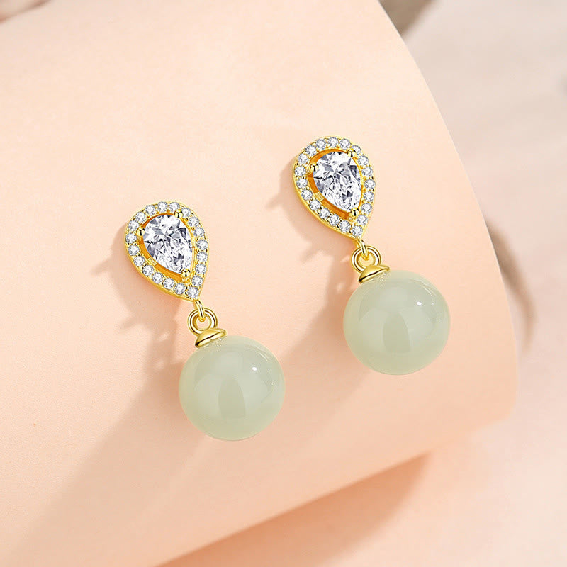 Orecchini della prosperità con perline di giada Hetian a forma di goccia in argento sterling 925 Buddha Stones - Giada Hetian Argento Sterling 925 - image 1