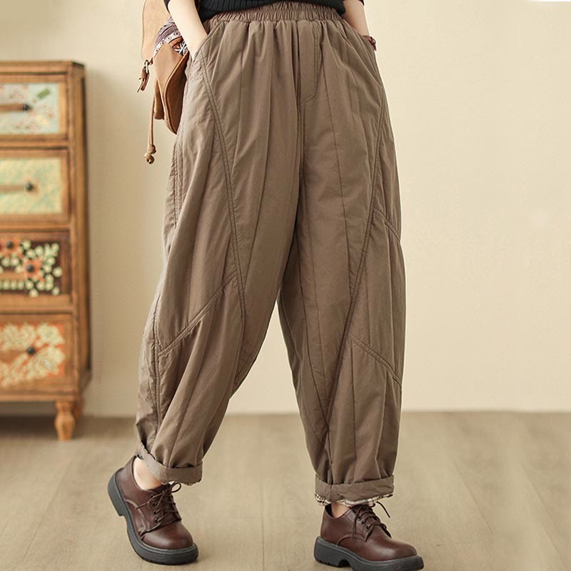 Pantaloni harem termici da donna in cotone a vita alta con elastico in vita e tasche, Buddha Stones Winter Plain - image 12