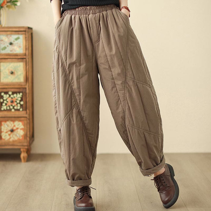 Pantaloni harem termici da donna in cotone a vita alta con elastico in vita e tasche, Buddha Stones Winter Plain - image 13