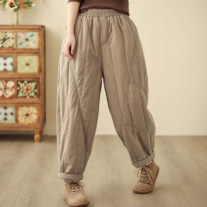 Pantaloni harem termici da donna in cotone a vita alta con elastico in vita e tasche, Buddha Stones Winter Plain - image 2