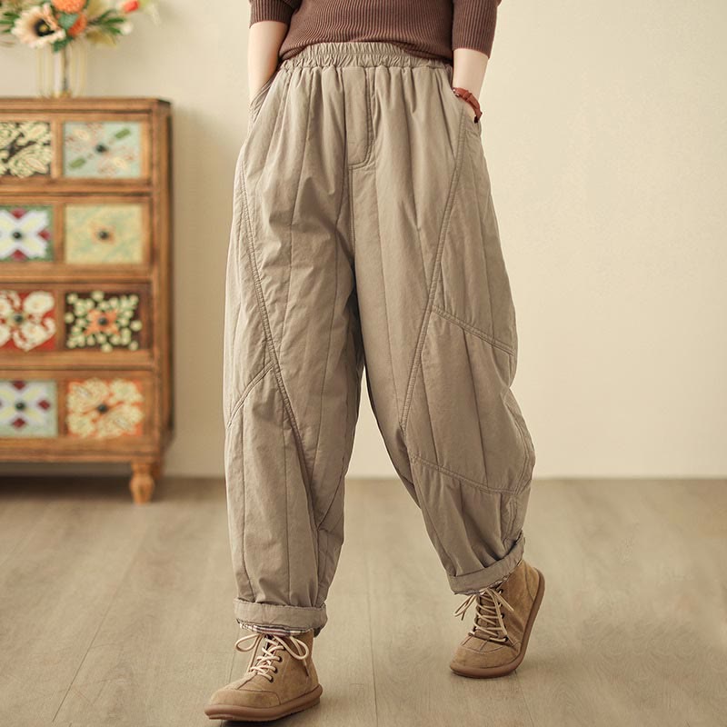 Pantaloni harem termici da donna in cotone a vita alta con elastico in vita e tasche, Buddha Stones Winter Plain - BurlyWood - US8-10, UK/AU12-14, EU40-42 (2XL) - image 1