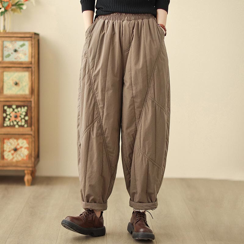 Pantaloni harem termici da donna in cotone a vita alta con elastico in vita e tasche, Buddha Stones Winter Plain - image 14