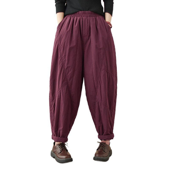 Pantaloni harem termici da donna in cotone a vita alta con elastico in vita e tasche, Buddha Stones Winter Plain - image 26
