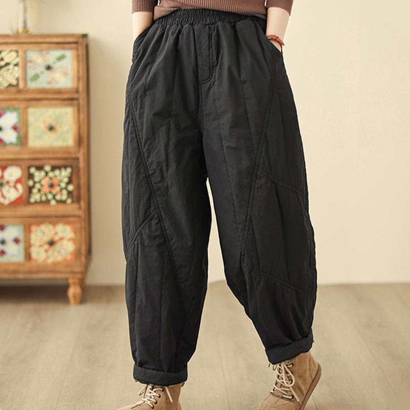 Pantaloni harem termici da donna in cotone a vita alta con elastico in vita e tasche, Buddha Stones Winter Plain - image 9