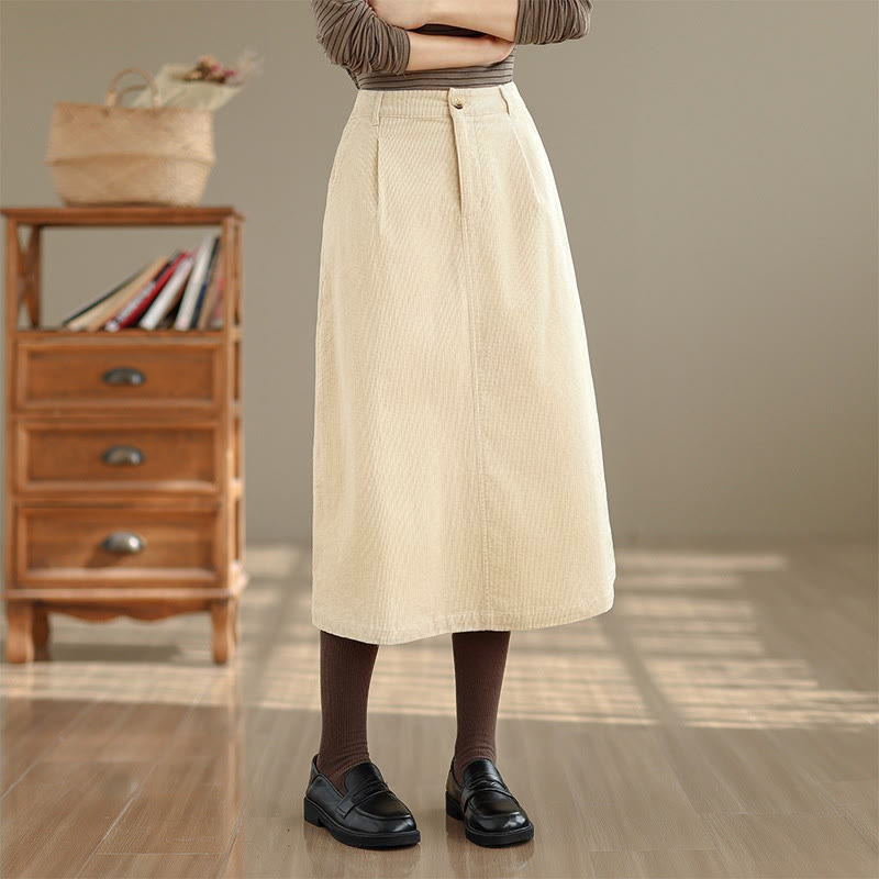 Gonna in velluto a coste da donna con tasche, lunghezza 7-8, colore puro, con elastico in vita Buddha Stones - Beige - US8-10, UK/AU12-14, EU40-42 (2XL) - image 9