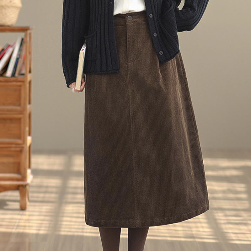 Gonna in velluto a coste da donna con tasche, lunghezza 7-8, colore puro, con elastico in vita Buddha Stones - image 4