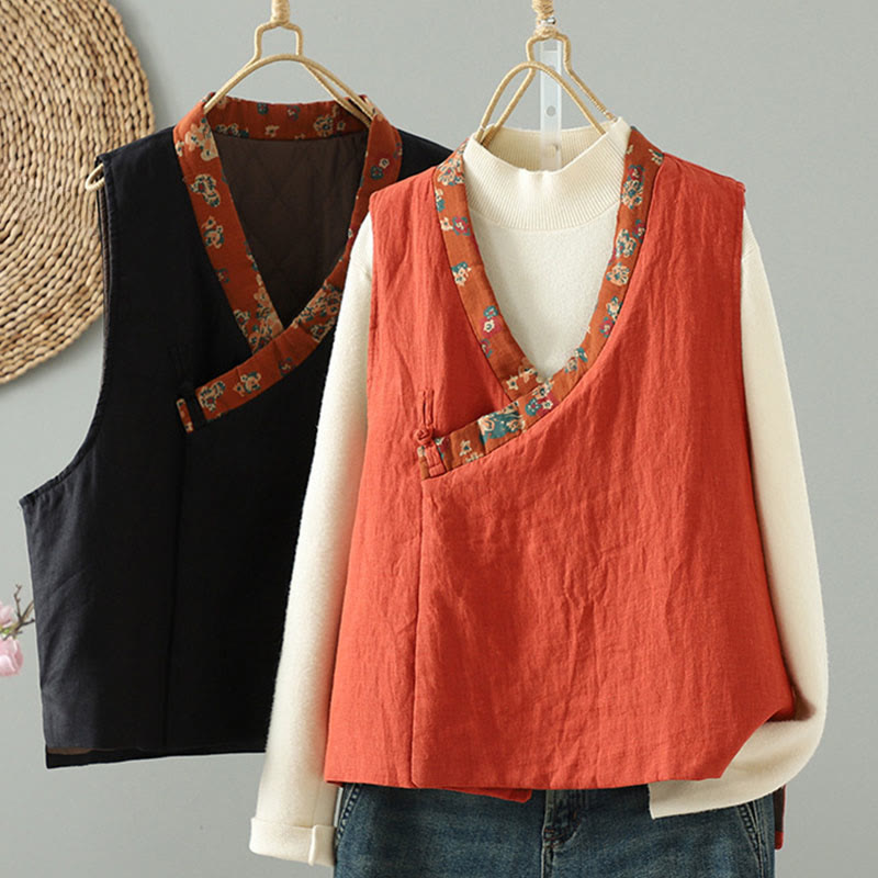 Gilet senza maniche da donna con scollo a V, motivo floreale Buddha Stones e bottoni a rana - image 1