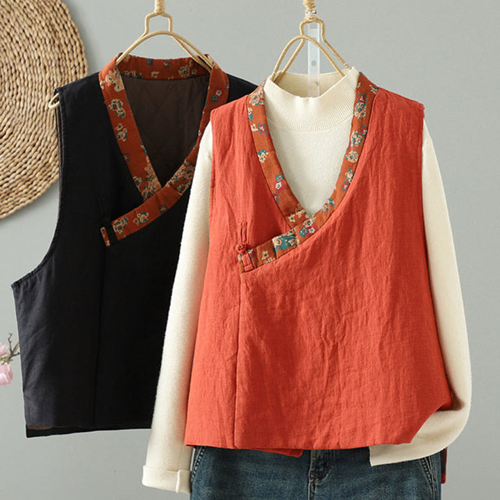 Gilet senza maniche da donna con scollo a V, motivo floreale Buddha Stones e bottoni a rana - image 1