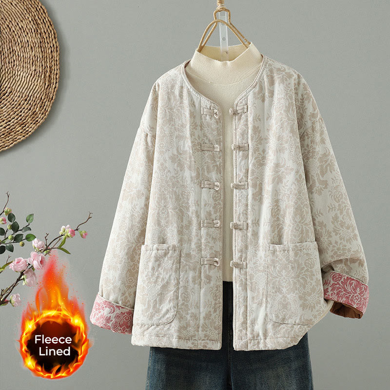 Giacca termica a maniche lunghe con tasche e motivo a fiori di peonia con bottoni a rana di Buddha Stones da donna - Conchiglia - US8-10, UK/AU12-14, EU40-42 (2XL) - image 11