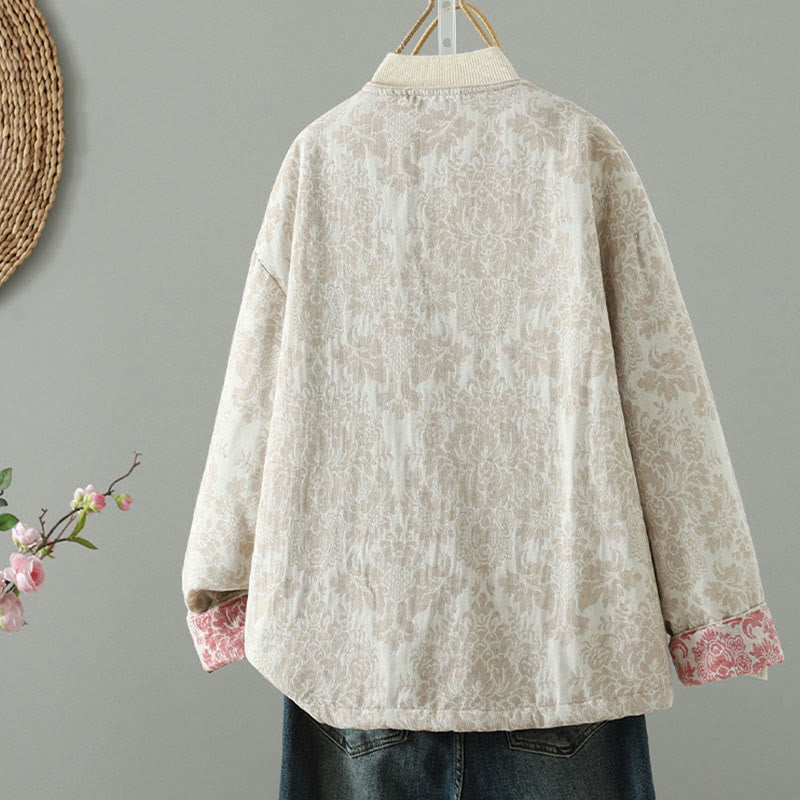 Giacca termica a maniche lunghe con tasche e motivo a fiori di peonia con bottoni a rana di Buddha Stones da donna - image 12