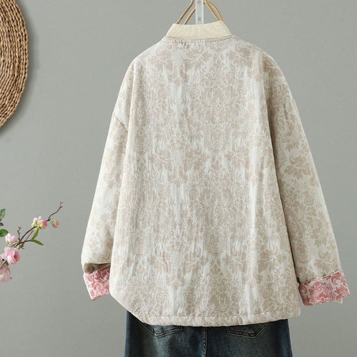 Giacca termica a maniche lunghe con tasche e motivo a fiori di peonia con bottoni a rana di Buddha Stones da donna - image 12