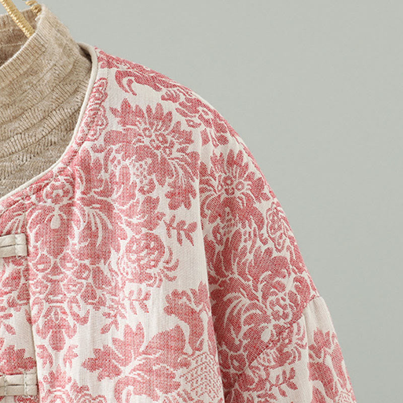 Giacca termica a maniche lunghe con tasche e motivo a fiori di peonia con bottoni a rana di Buddha Stones da donna - image 4