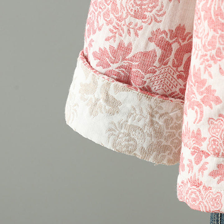 Giacca termica a maniche lunghe con tasche e motivo a fiori di peonia con bottoni a rana di Buddha Stones da donna - image 9