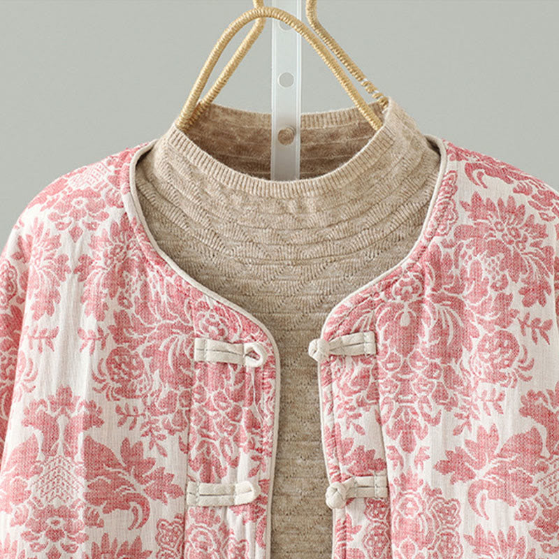 Giacca termica a maniche lunghe con tasche e motivo a fiori di peonia con bottoni a rana di Buddha Stones da donna - image 3