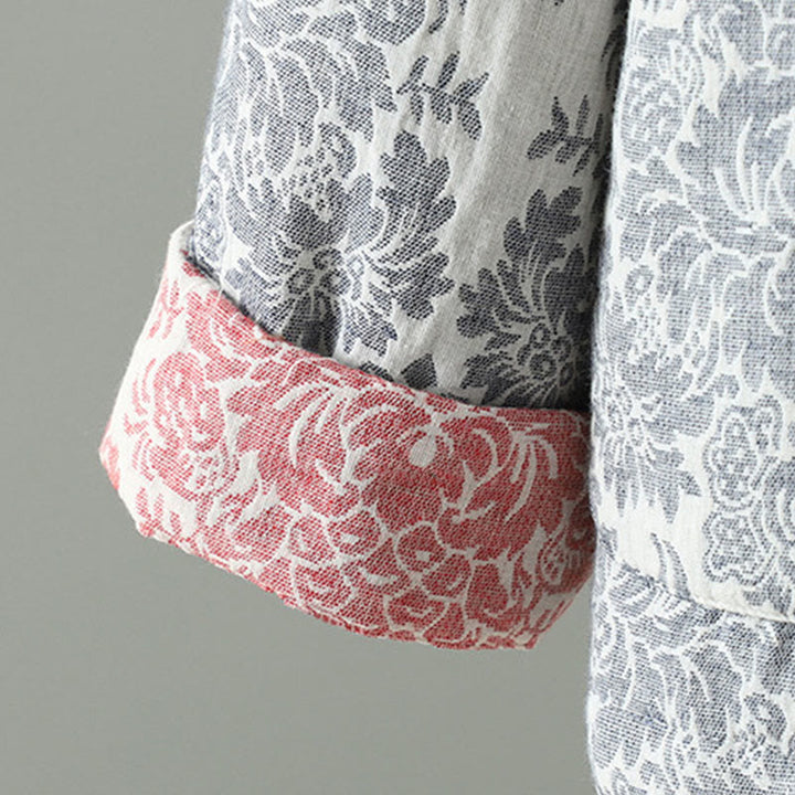 Giacca termica a maniche lunghe con tasche e motivo a fiori di peonia con bottoni a rana di Buddha Stones da donna - image 25