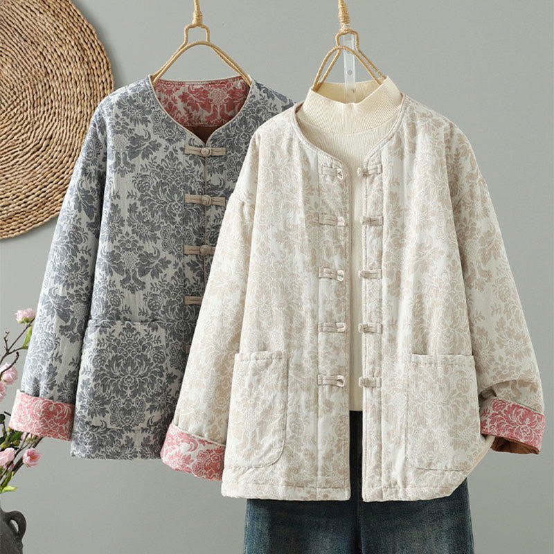 Giacca termica a maniche lunghe con tasche e motivo a fiori di peonia con bottoni a rana di Buddha Stones da donna - image 27