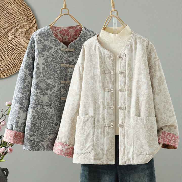 Giacca termica a maniche lunghe con tasche e motivo a fiori di peonia con bottoni a rana di Buddha Stones da donna - image 27