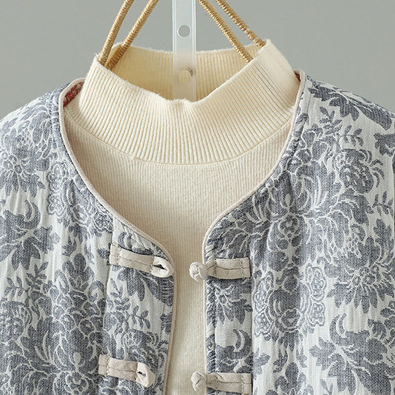 Giacca termica a maniche lunghe con tasche e motivo a fiori di peonia con bottoni a rana di Buddha Stones da donna - image 23