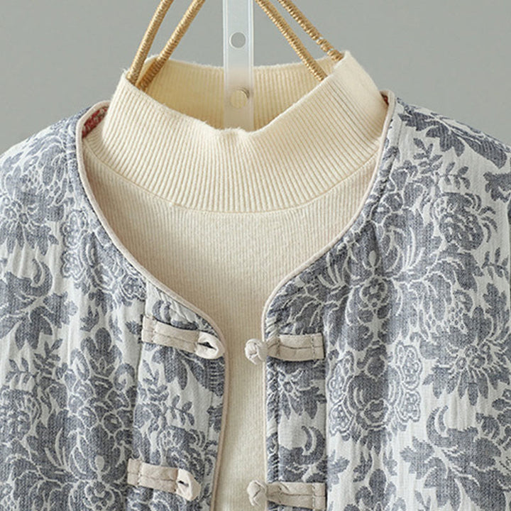 Giacca termica a maniche lunghe con tasche e motivo a fiori di peonia con bottoni a rana di Buddha Stones da donna - image 23