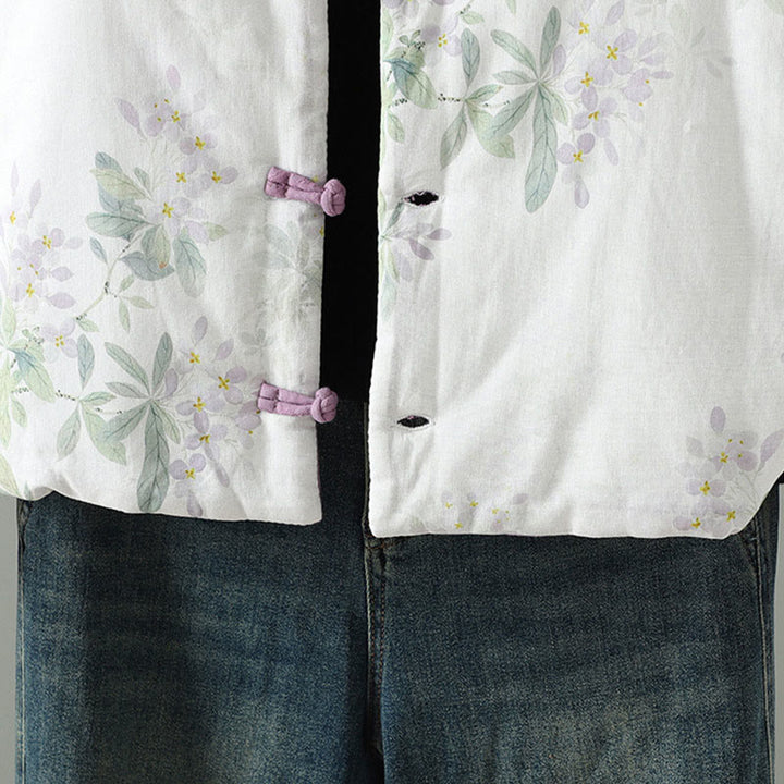 Giacca termica a maniche lunghe con bottoni a forma di rana e foglie di fiori viola da donna Buddha Stones - image 5