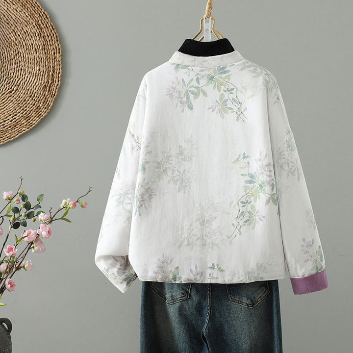 Giacca termica a maniche lunghe con bottoni a forma di rana e foglie di fiori viola da donna Buddha Stones - image 1