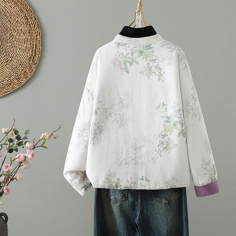 Giacca termica a maniche lunghe con bottoni a forma di rana e foglie di fiori viola da donna Buddha Stones - image 1