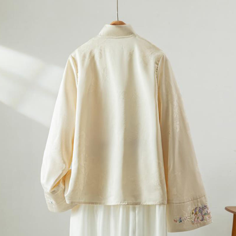 Giacca da donna a maniche lunghe con ricamo di fiori autunnali con rana e bottoni, motivo Buddha Stones - image 1