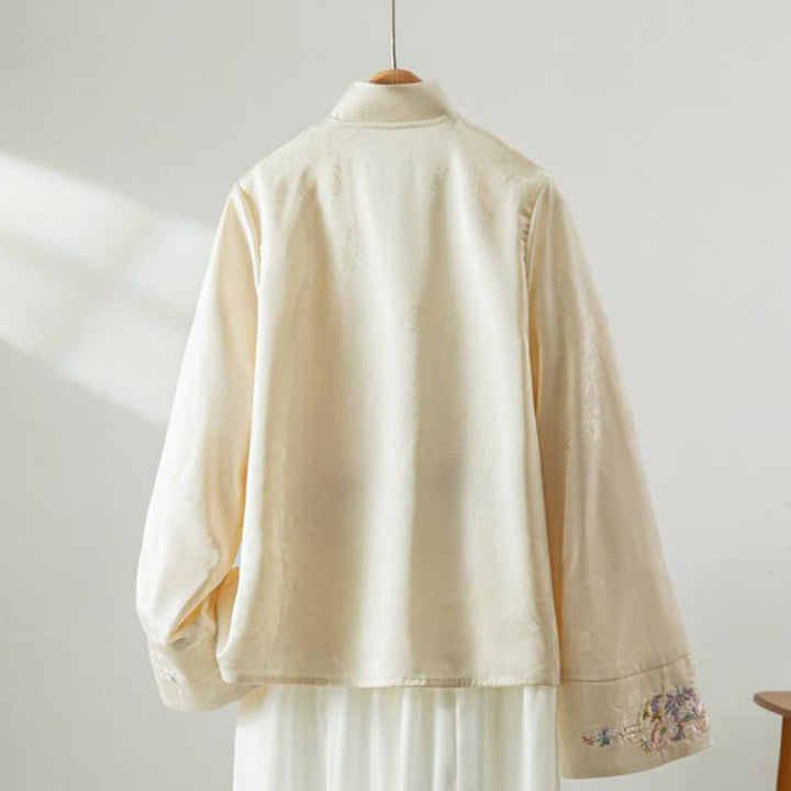 Giacca da donna a maniche lunghe con ricamo di fiori autunnali con rana e bottoni, motivo Buddha Stones - image 1