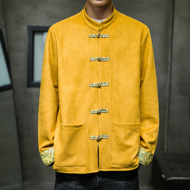 Giacca da uomo in pelle scamosciata di cotone con tasche, maniche lunghe, bottoni a rana Buddha Stones Fall Waves - Oro - US/UK/AU42, EU52 (3XL) - image 0