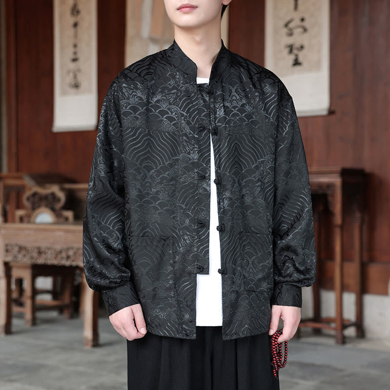 Giacca da uomo a maniche lunghe con tasche, in jacquard con bottoni a rana, Buddha Stones fiori autunnali - Nero - US/UK/AU46, EU56 (5XL) - image 13