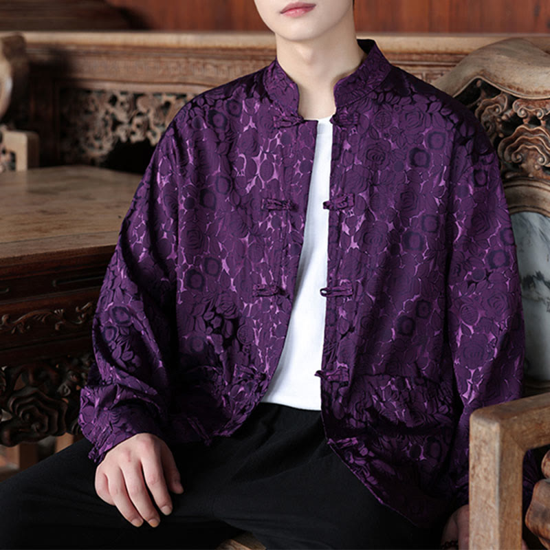 Giacca da uomo a maniche lunghe con tasche, in jacquard con bottoni a rana, Buddha Stones fiori autunnali - Viola - US/UK/AU46, EU56 (5XL) - image 18