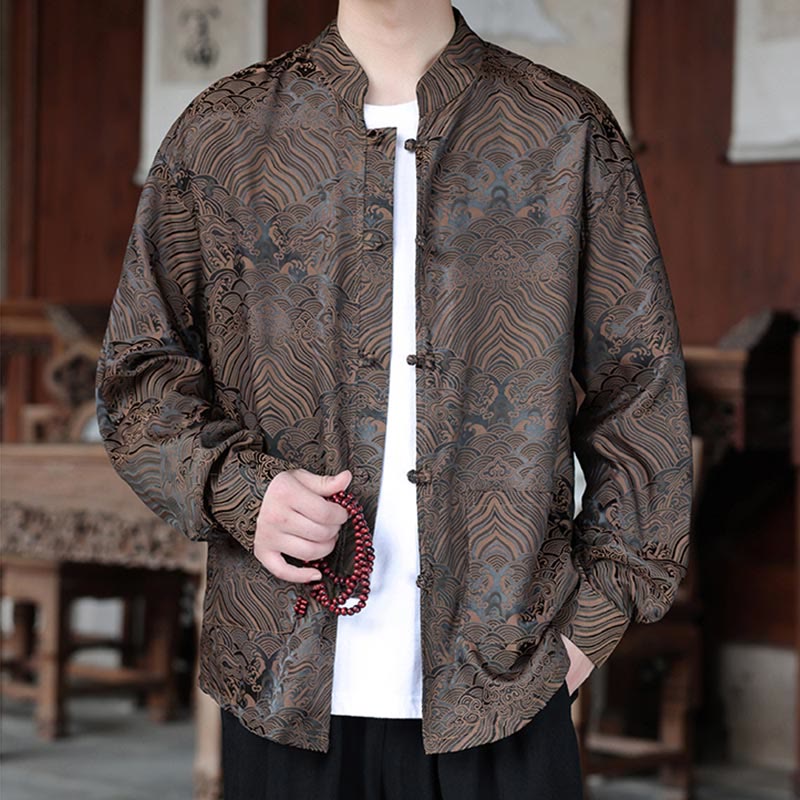 Giacca da uomo a maniche lunghe con tasche, in jacquard con bottoni a rana, Buddha Stones fiori autunnali - Abbronzatura - US/UK/AU46, EU56 (5XL) - image 0