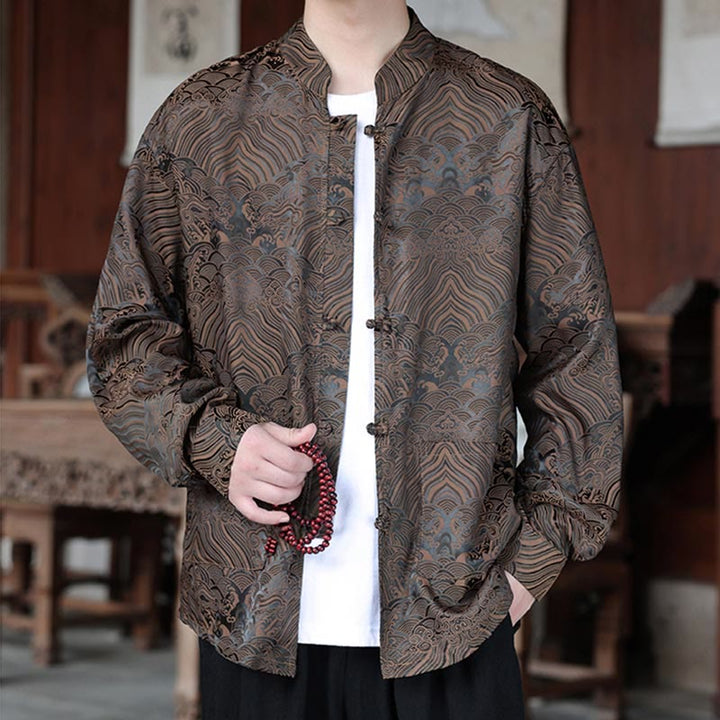 Giacca da uomo a maniche lunghe con tasche, in jacquard con bottoni a rana, Buddha Stones fiori autunnali - Abbronzatura - US/UK/AU46, EU56 (5XL) - image 0