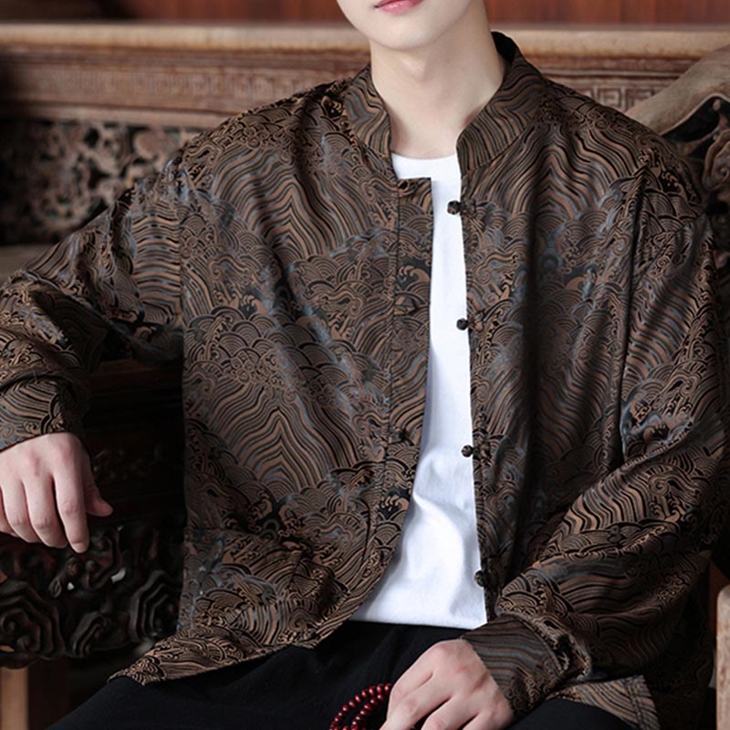 Giacca da uomo a maniche lunghe con tasche, in jacquard con bottoni a rana, Buddha Stones fiori autunnali - image 3