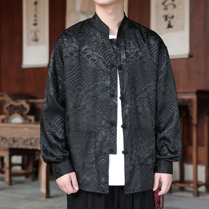 Giacca da uomo a maniche lunghe con tasche, in jacquard con bottoni a rana, Buddha Stones fiori autunnali - image 14