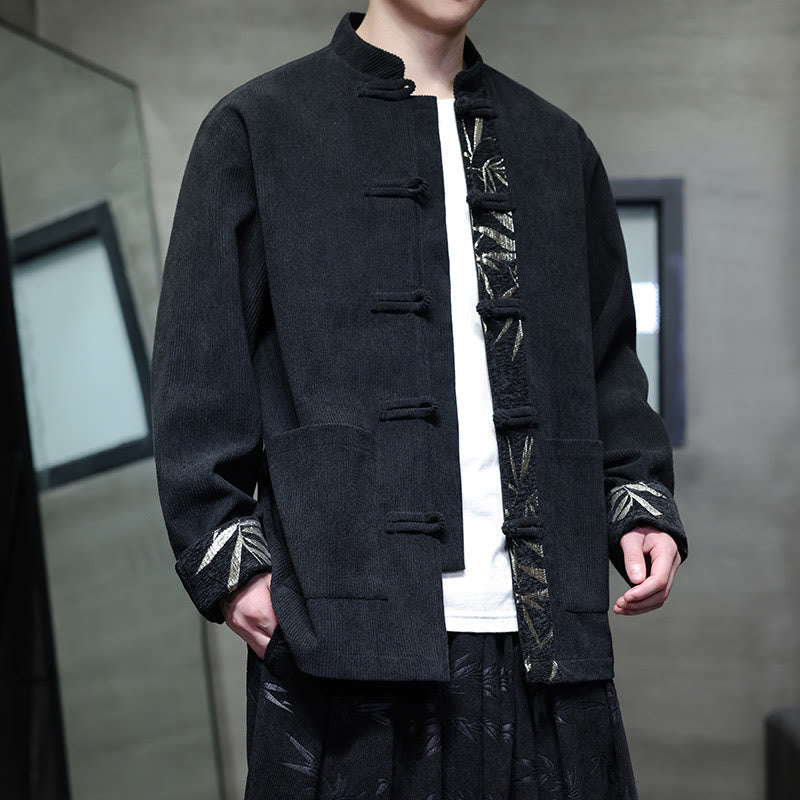 Giacca da uomo in velluto a coste di cotone con tasche e bottoni a rana in bambù, manica lunga , Buddha Stones Fall - Nero - US/UK/AU46, EU56 (5XL) - image 5