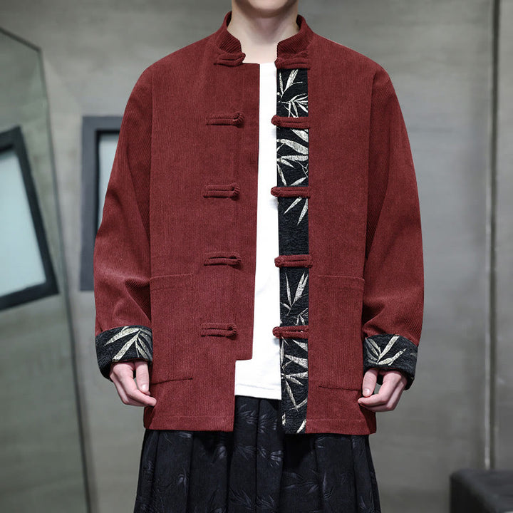 Giacca da uomo in velluto a coste di cotone con tasche e bottoni a rana in bambù, manica lunga , Buddha Stones Fall - Rosso scuro - US/UK/AU46, EU56 (5XL) - image 0