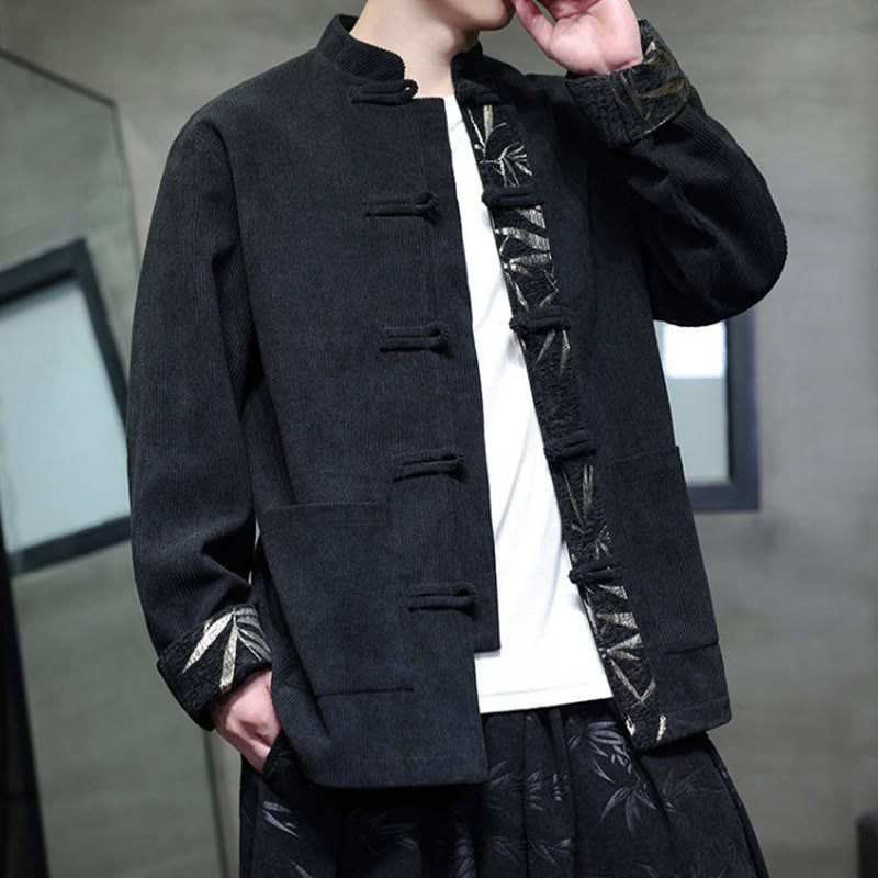 Giacca da uomo in velluto a coste di cotone con tasche e bottoni a rana in bambù, manica lunga , Buddha Stones Fall - image 7