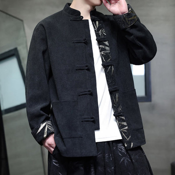 Giacca da uomo in velluto a coste di cotone con tasche e bottoni a rana in bambù, manica lunga , Buddha Stones Fall - image 7