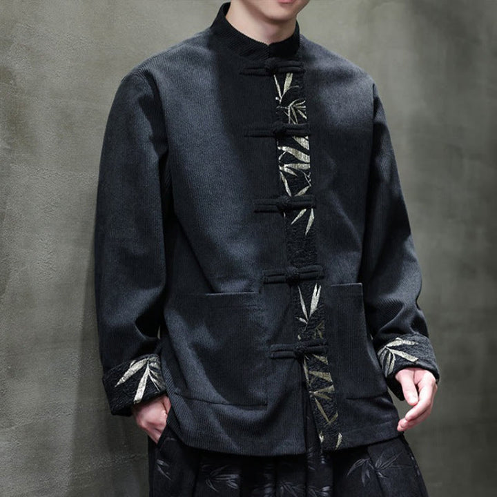 Giacca da uomo in velluto a coste di cotone con tasche e bottoni a rana in bambù, manica lunga , Buddha Stones Fall - image 8