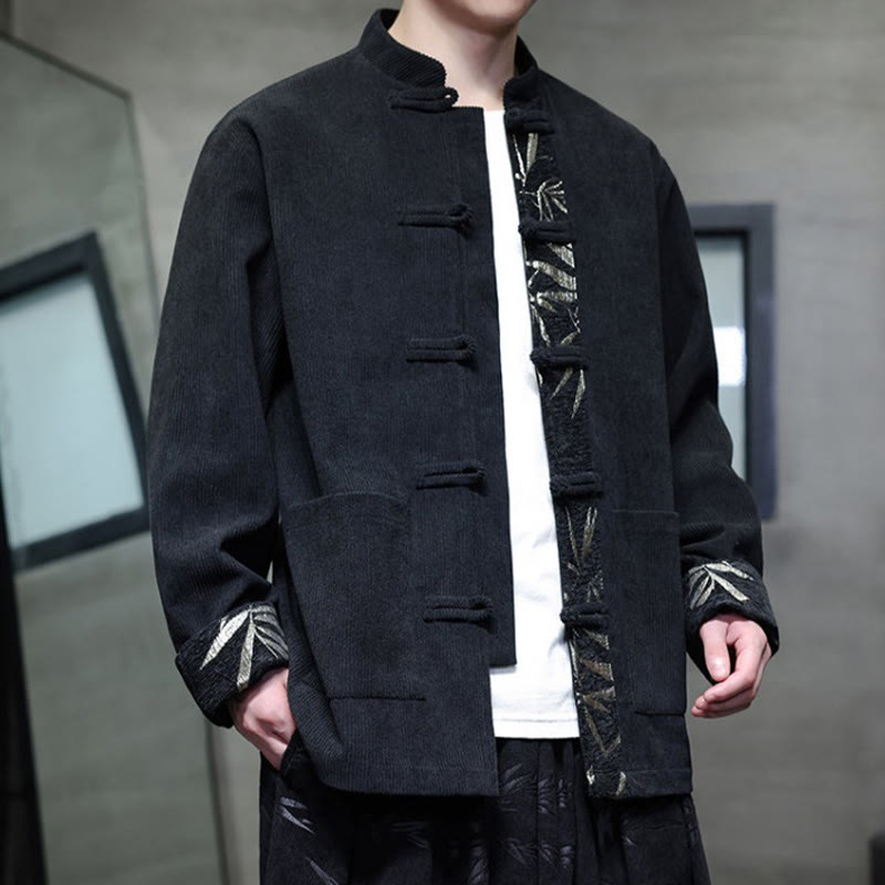 Giacca da uomo in velluto a coste di cotone con tasche e bottoni a rana in bambù, manica lunga , Buddha Stones Fall - image 12