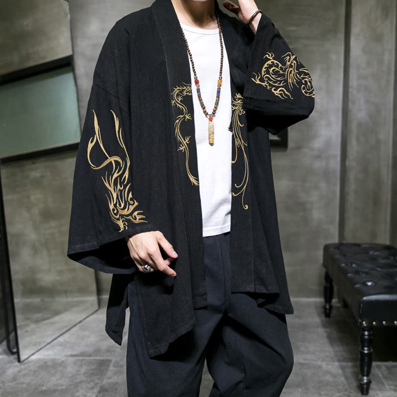 Giacca da uomo in cotone con maniche lunghe e apertura frontale, motivo Buddha Stones Dragon Phoenix - Nero - US/UK/AU46, EU56 (5XL) - image 0