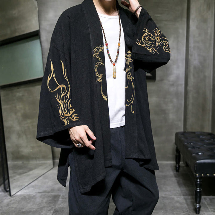 Giacca da uomo in cotone con maniche lunghe e apertura frontale, motivo Buddha Stones Dragon Phoenix - Nero - US/UK/AU46, EU56 (5XL) - image 0