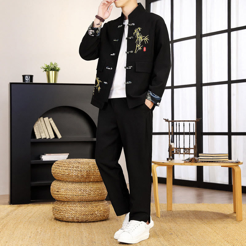 Set di abbigliamento da uomo con camicia a maniche lunghe e pantaloni, in bambù, con bottoni a rana, 2 pezzi, motivo : Buddha Stones - Nero - US/UK/AU44, EU54 (4XL) - image 0