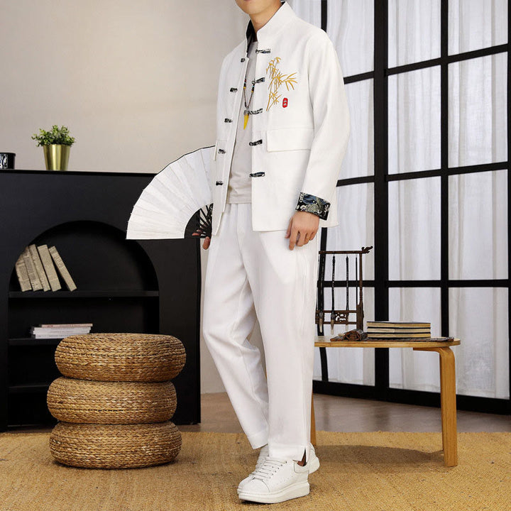 Set di abbigliamento da uomo con camicia a maniche lunghe e pantaloni, in bambù, con bottoni a rana, 2 pezzi, motivo : Buddha Stones - Bianco - US/UK/AU44, EU54 (4XL) - image 10