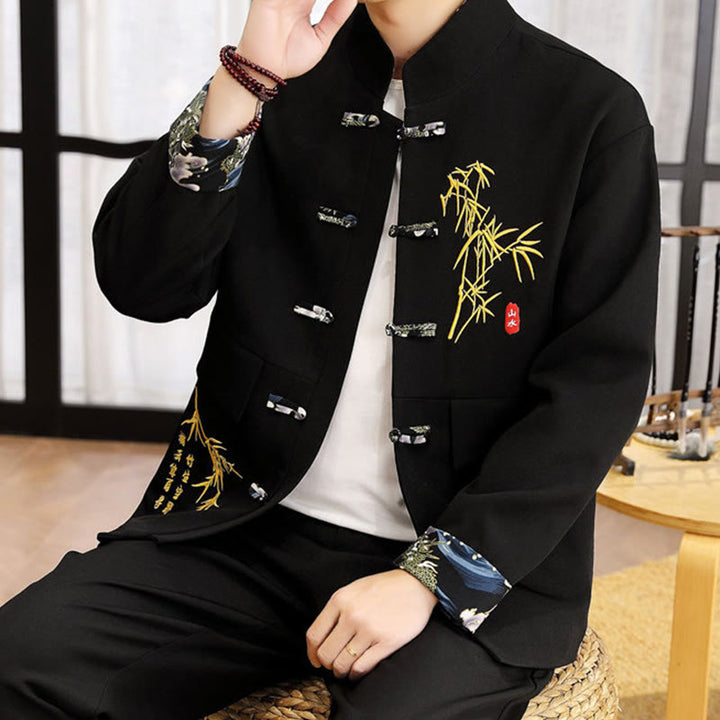 Set di abbigliamento da uomo con camicia a maniche lunghe e pantaloni, in bambù, con bottoni a rana, 2 pezzi, motivo : Buddha Stones - image 3