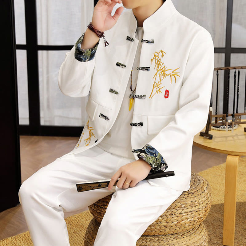 Set di abbigliamento da uomo con camicia a maniche lunghe e pantaloni, in bambù, con bottoni a rana, 2 pezzi, motivo : Buddha Stones - image 13