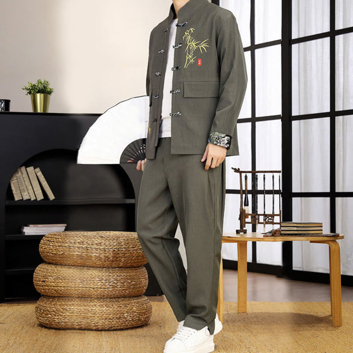 Set di abbigliamento da uomo con camicia a maniche lunghe e pantaloni, in bambù, con bottoni a rana, 2 pezzi, motivo : Buddha Stones - image 16