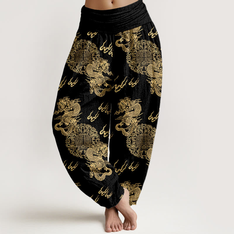 Pantaloni harem da donna con elastico in vita, in puro cotone, con motivo a nuvola e doppio drago , Buddha Stones - Nero - US16, UK/AU20, EU48 (3XL) - image 0