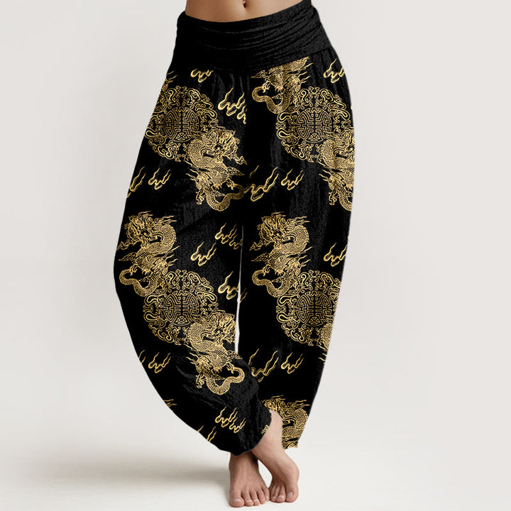 Pantaloni harem da donna con elastico in vita, in puro cotone, con motivo a nuvola e doppio drago , Buddha Stones - Nero - US16, UK/AU20, EU48 (3XL) - image 0